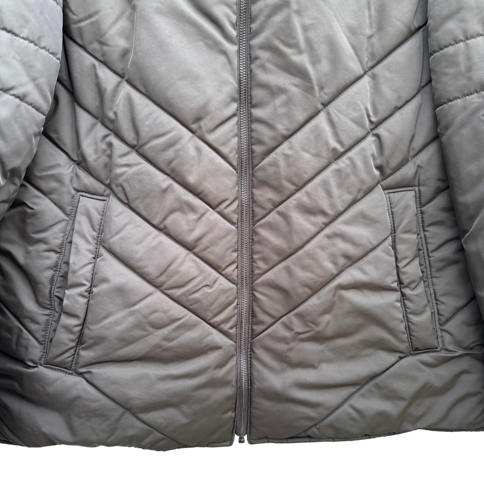 Perry Ellis Mens Chevron Quilted Puffer Jacket Dark Brown Full Zip Stand Collar