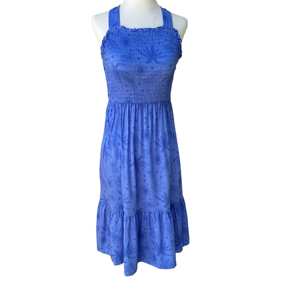 Vince Camuto Tropical Smocked Open Cross Back Midi Dress Blue 10 Boho Coastal