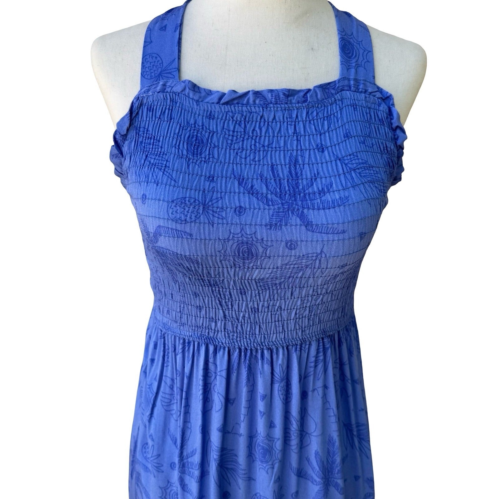Vince Camuto Tropical Smocked Open Cross Back Midi Dress Blue 10 Boho Coastal
