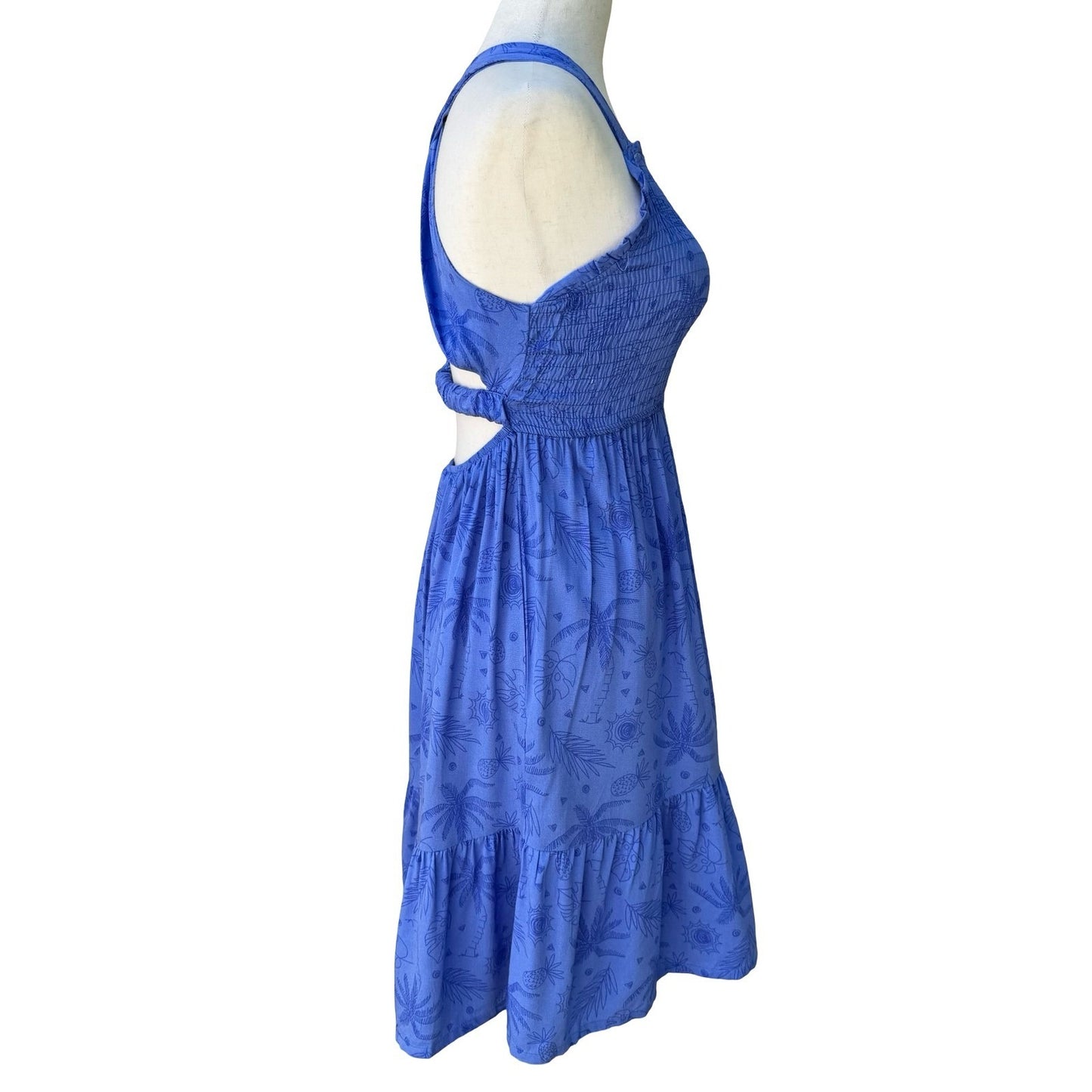 Vince Camuto Tropical Smocked Open Cross Back Midi Dress Blue 10 Boho Coastal