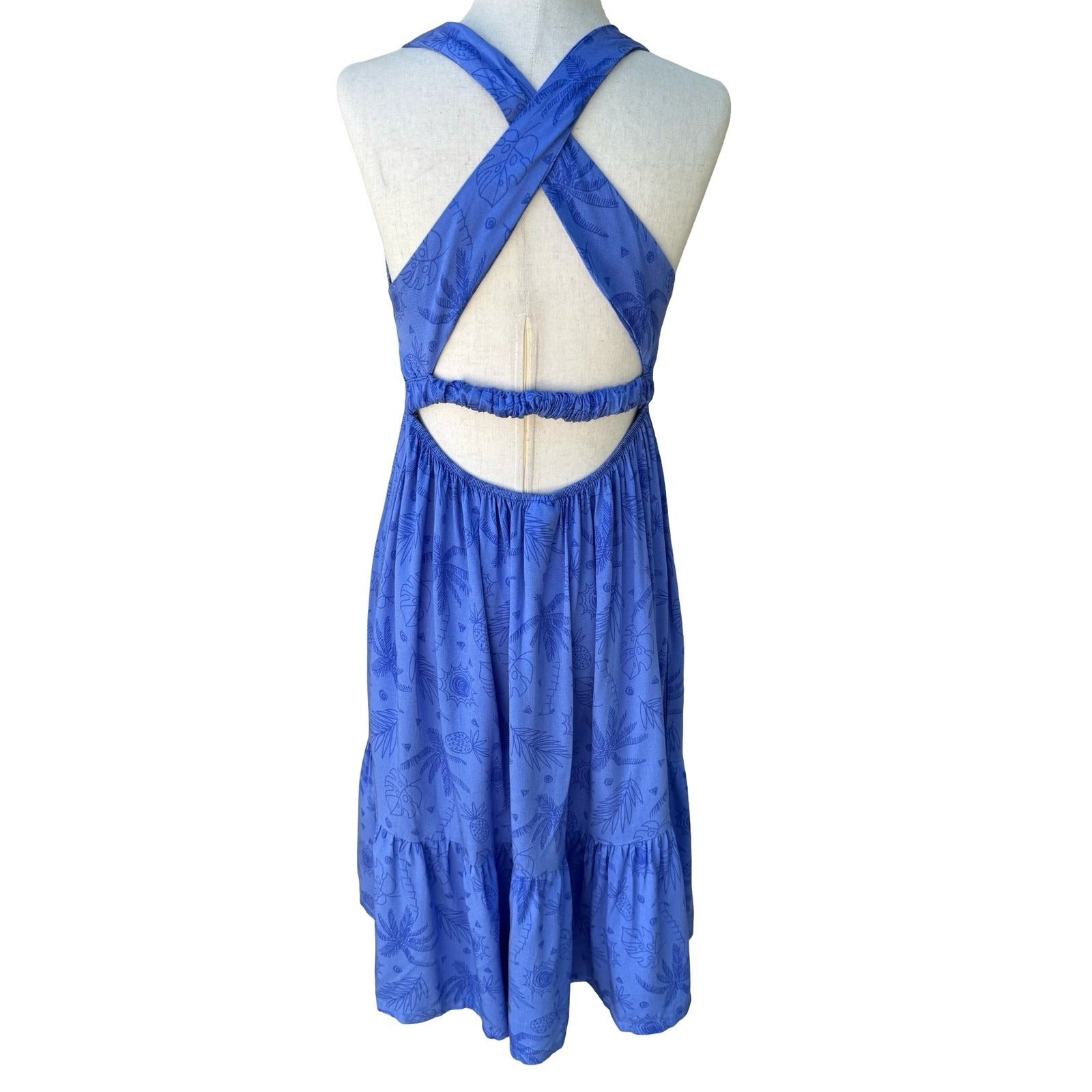 Vince Camuto Tropical Smocked Open Cross Back Midi Dress Blue 10 Boho Coastal