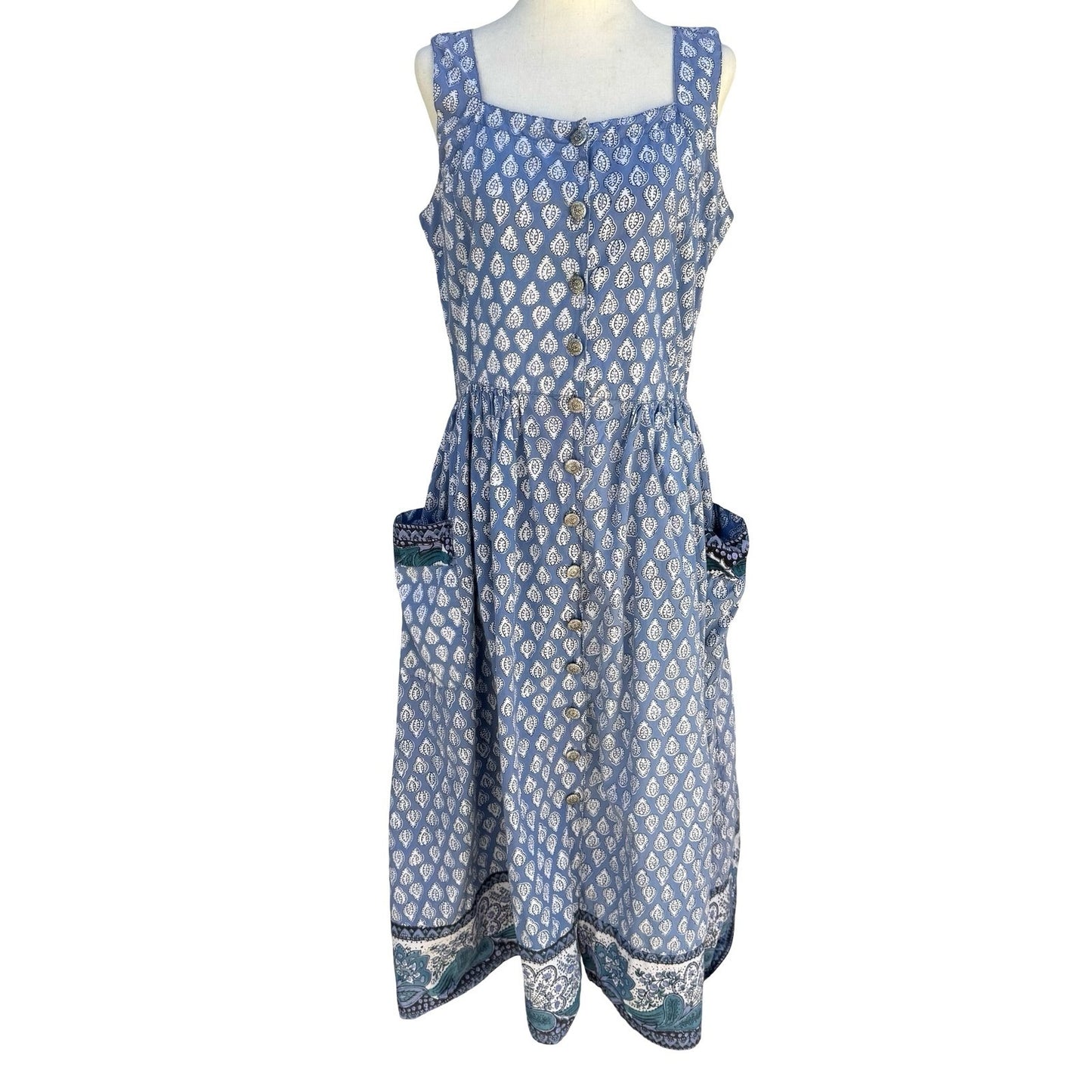 Starina Vintage Patchwork Boho Blue Nepal Cotton Artsy Leaf Print Midi Dress M