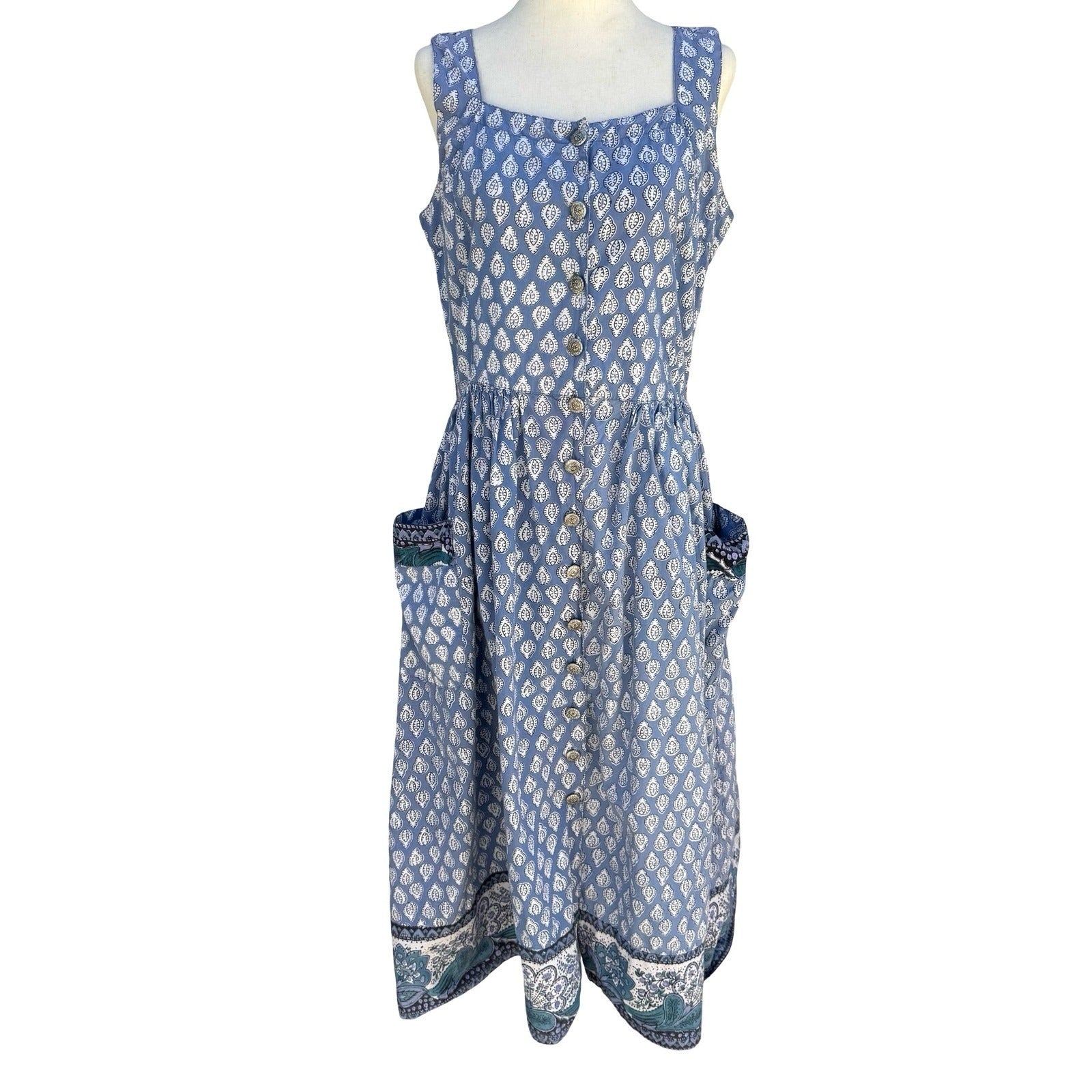Starina Vintage Patchwork Boho Blue Nepal Cotton Artsy Leaf Print Midi Dress M