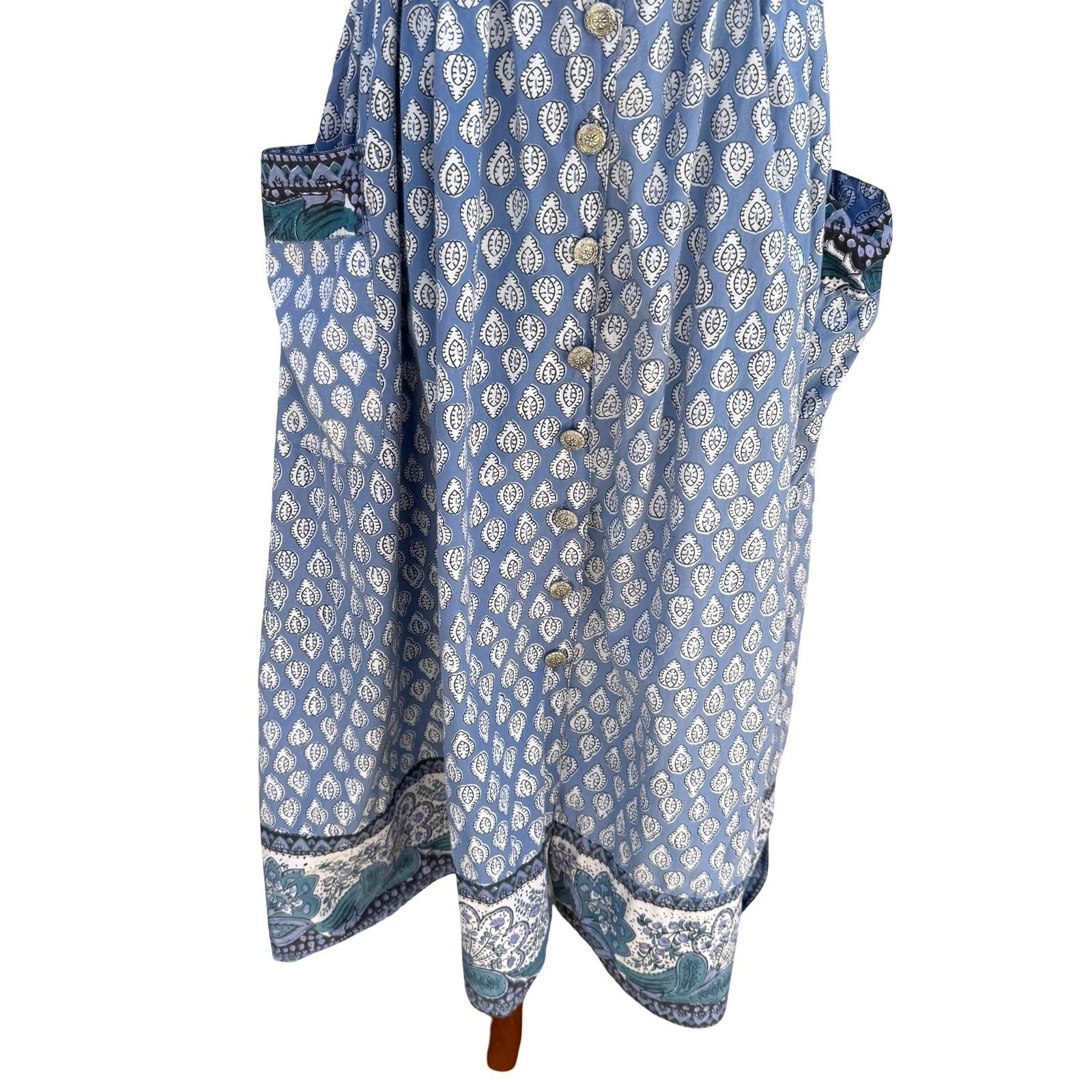 Starina Vintage Patchwork Boho Blue Nepal Cotton Artsy Leaf Print Midi Dress M