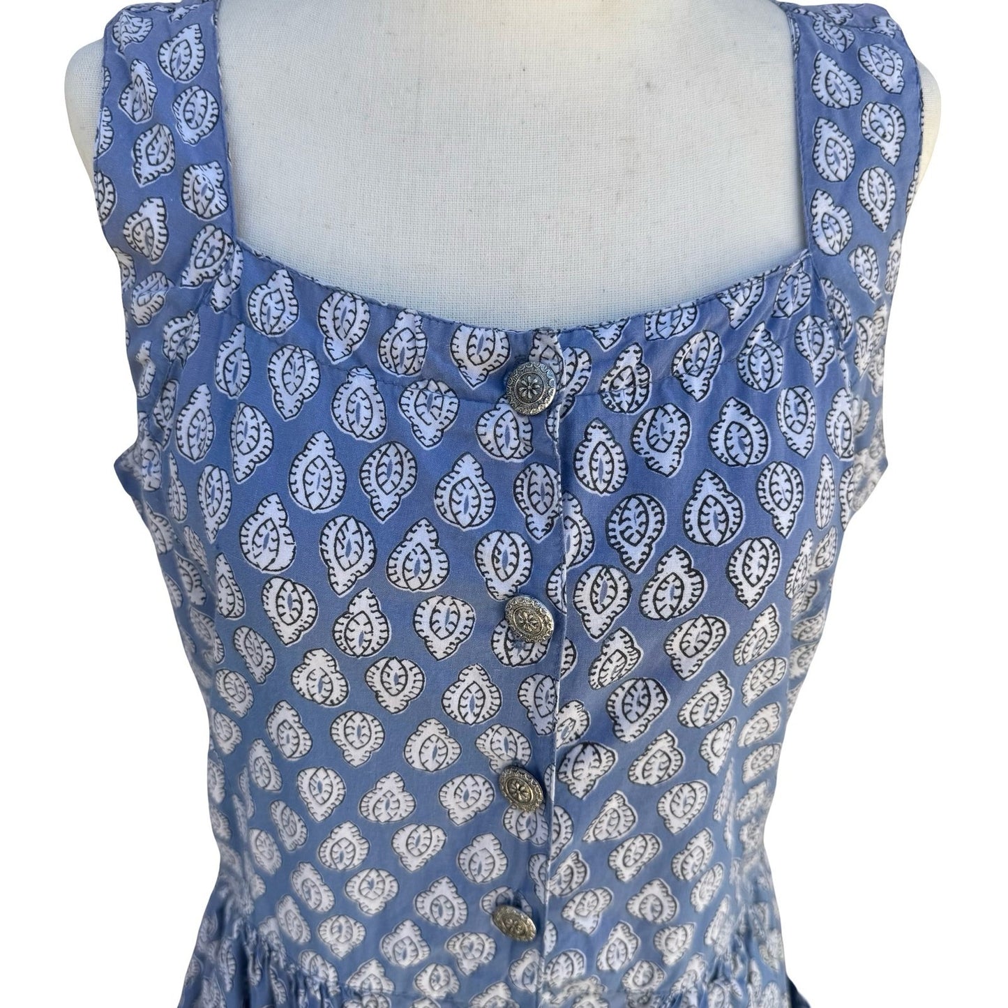 Starina Vintage Patchwork Boho Blue Nepal Cotton Artsy Leaf Print Midi Dress M