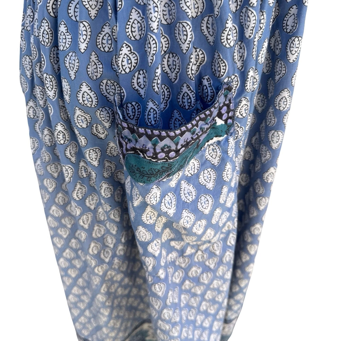 Starina Vintage Patchwork Boho Blue Nepal Cotton Artsy Leaf Print Midi Dress M
