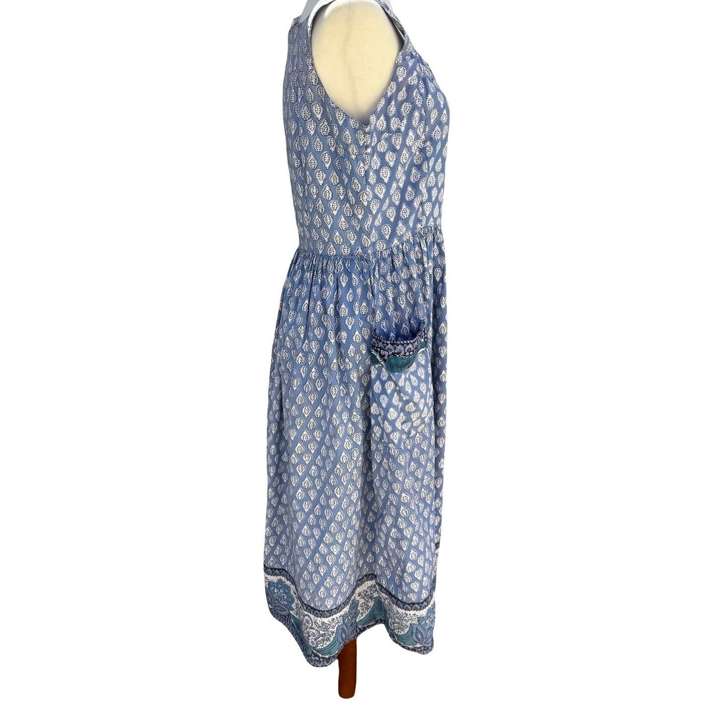 Starina Vintage Patchwork Boho Blue Nepal Cotton Artsy Leaf Print Midi Dress M