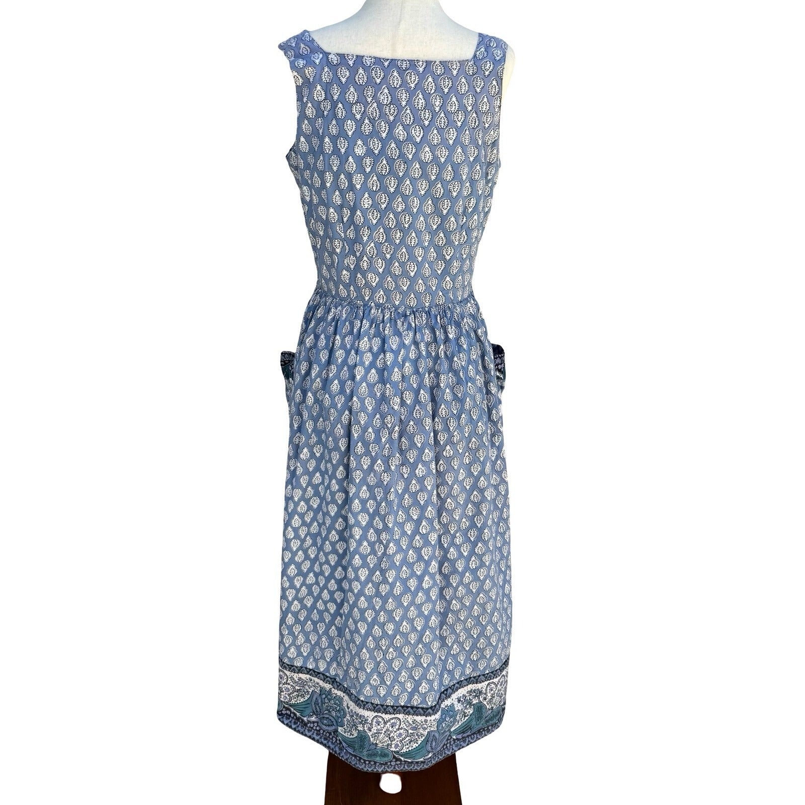 Starina Vintage Patchwork Boho Blue Nepal Cotton Artsy Leaf Print Midi Dress M