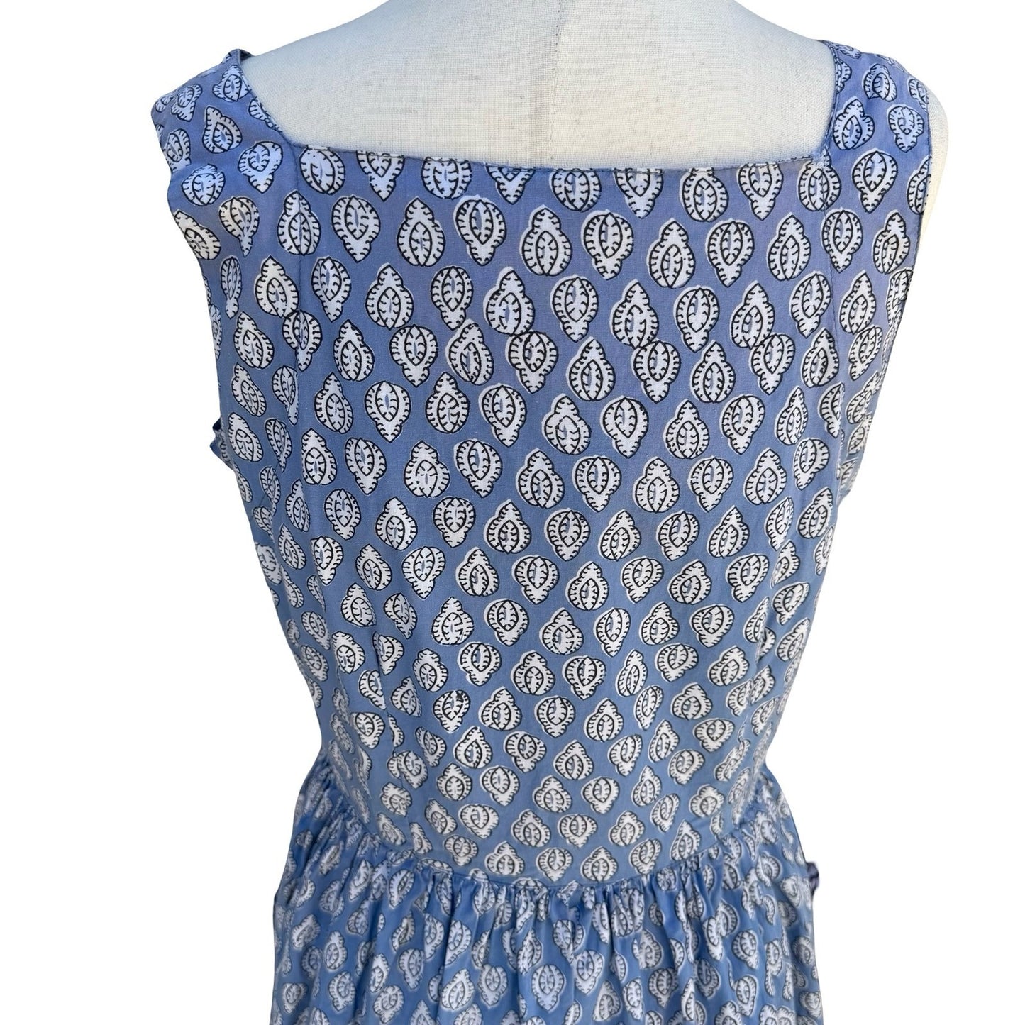 Starina Vintage Patchwork Boho Blue Nepal Cotton Artsy Leaf Print Midi Dress M