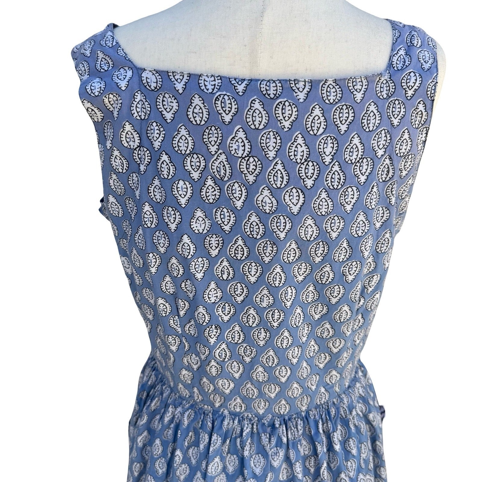 Starina Vintage Patchwork Boho Blue Nepal Cotton Artsy Leaf Print Midi Dress M
