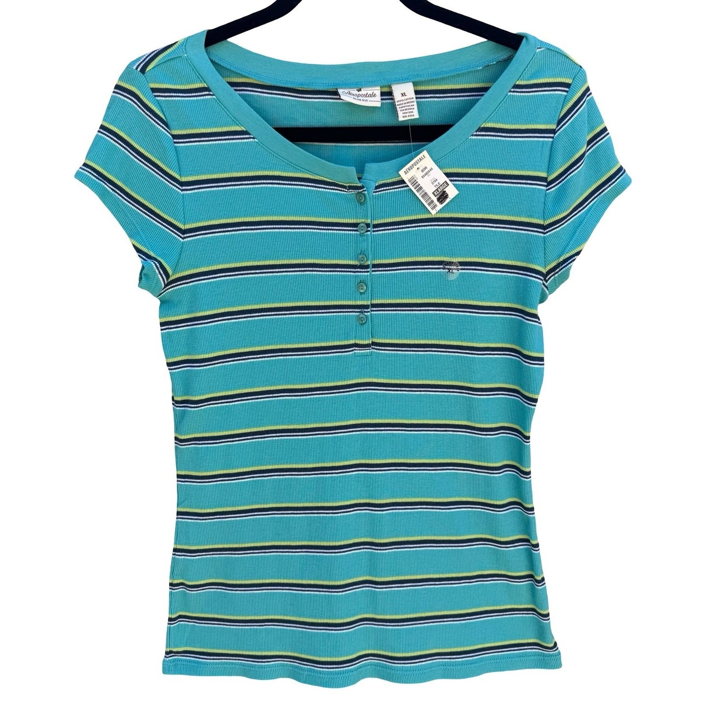 Aeropostale Y2K Womens XL Teal Striped Ribbed Henley Cap Sleeve Slim Fit Top NEW