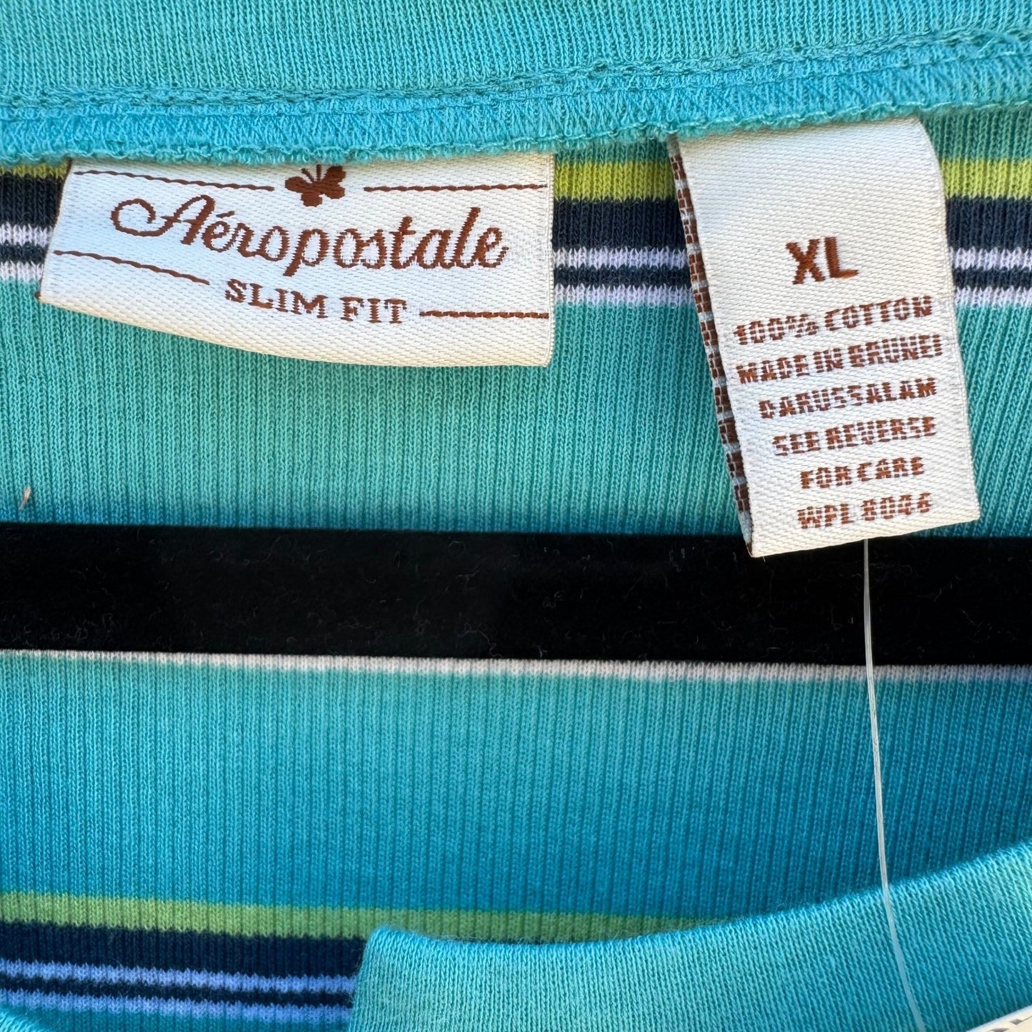 Aeropostale Y2K Womens XL Teal Striped Ribbed Henley Cap Sleeve Slim Fit Top NEW