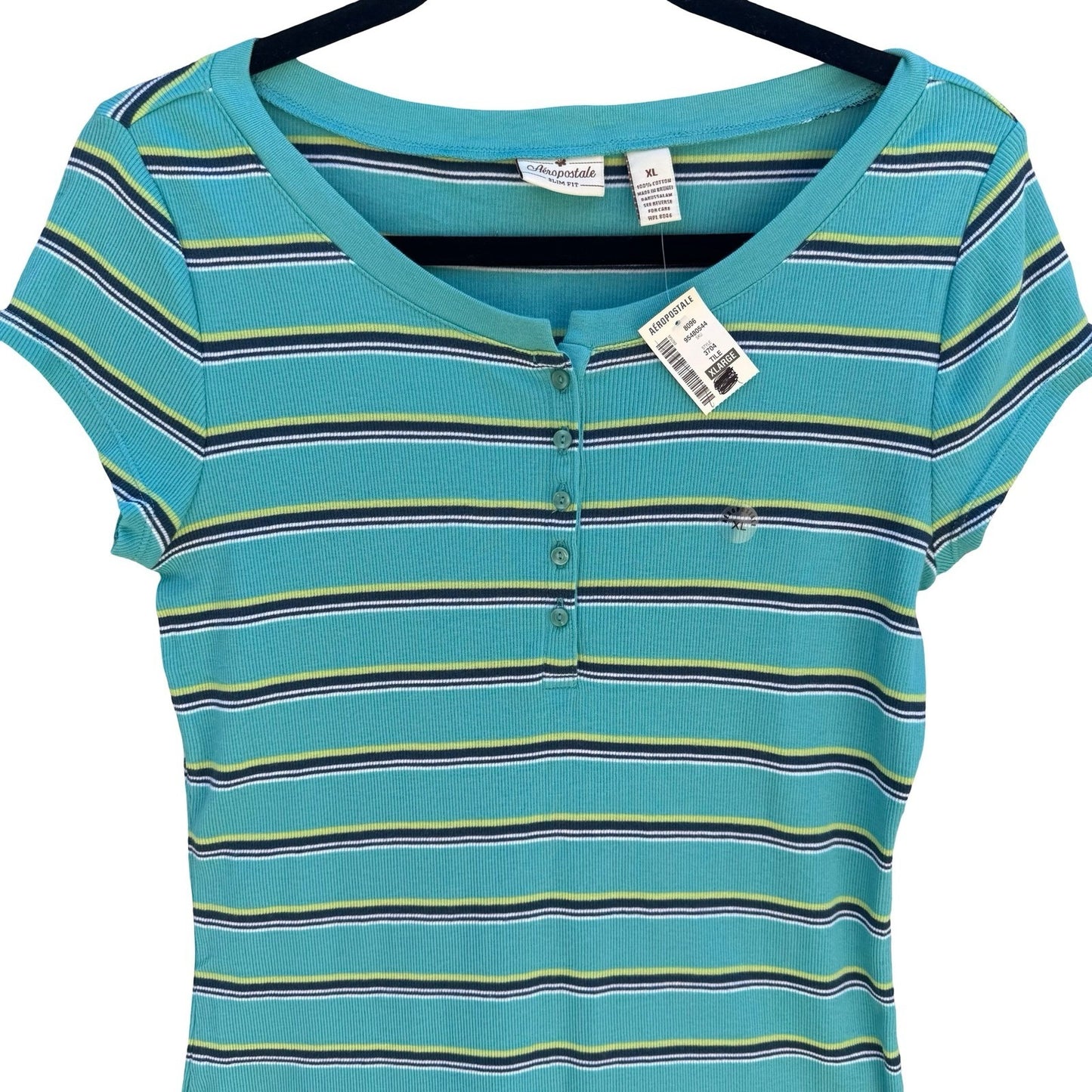 Aeropostale Y2K Womens XL Teal Striped Ribbed Henley Cap Sleeve Slim Fit Top NEW