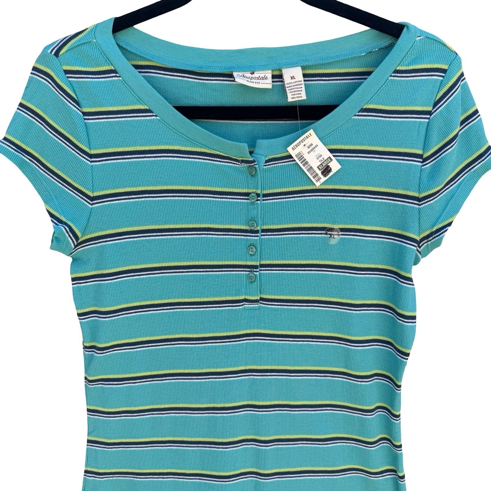 Aeropostale Y2K Womens XL Teal Striped Ribbed Henley Cap Sleeve Slim Fit Top NEW