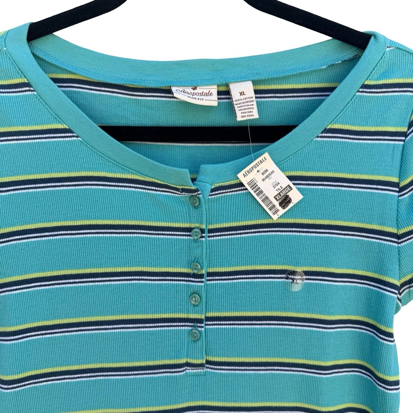 Aeropostale Y2K Womens XL Teal Striped Ribbed Henley Cap Sleeve Slim Fit Top NEW