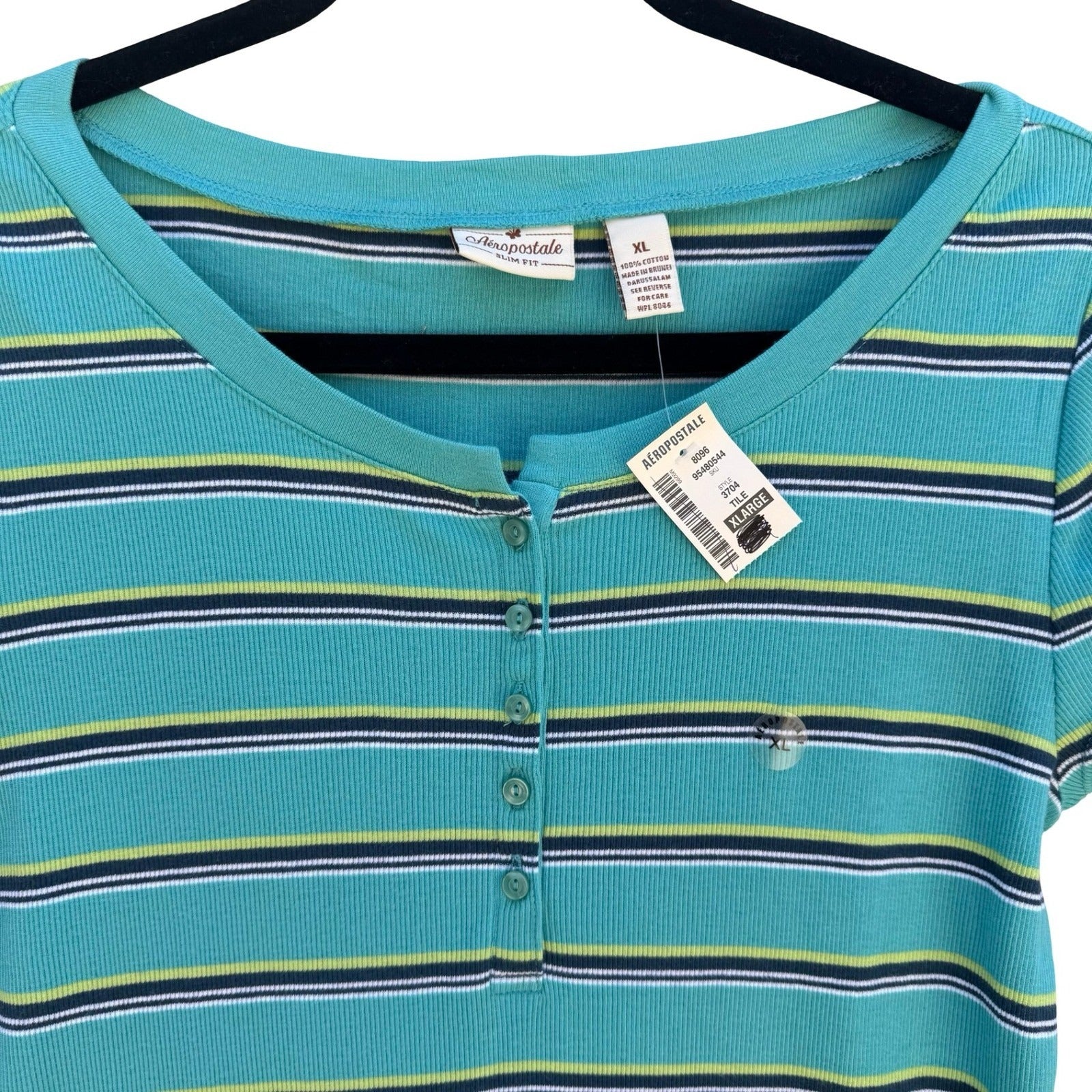 Aeropostale Y2K Womens XL Teal Striped Ribbed Henley Cap Sleeve Slim Fit Top NEW