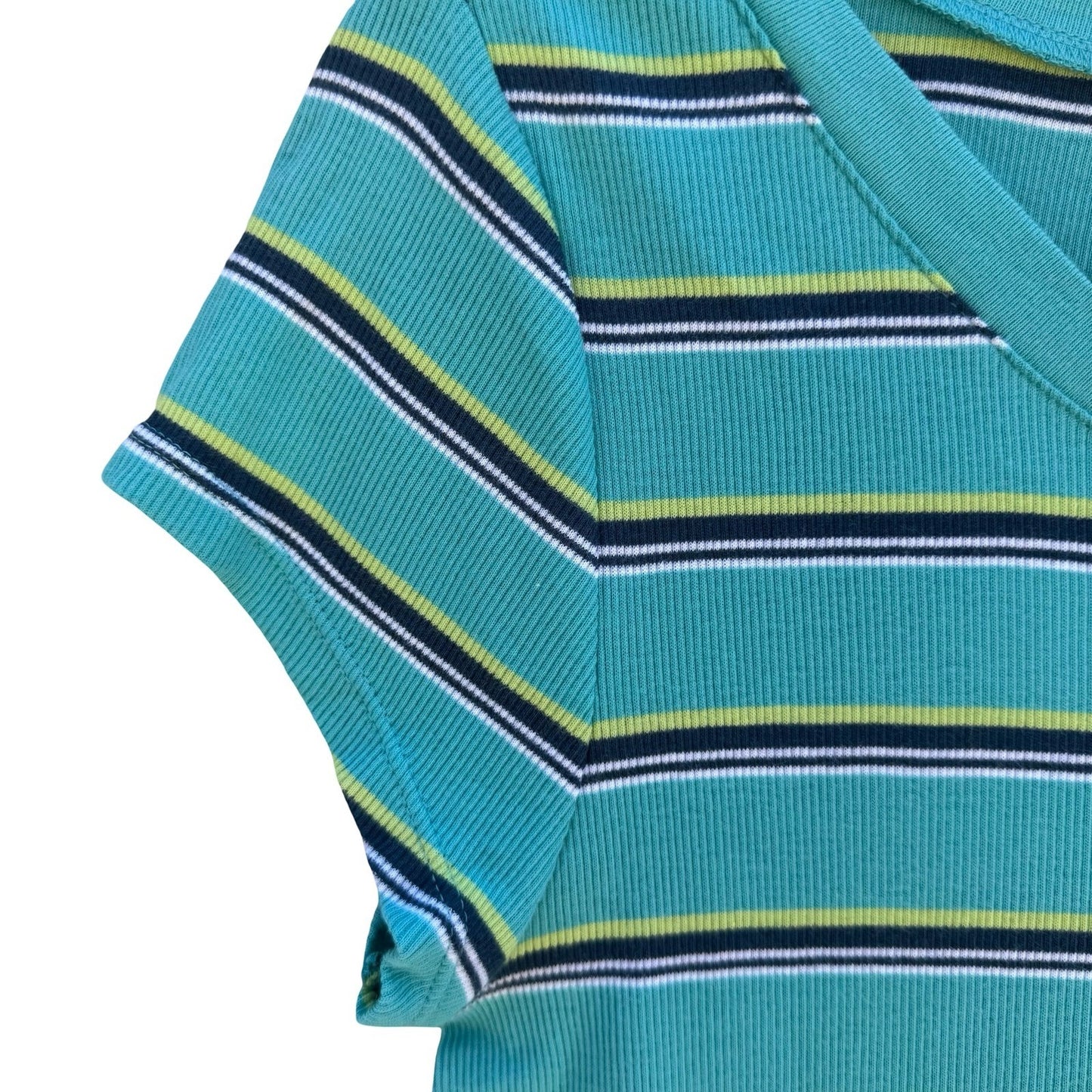 Aeropostale Y2K Womens XL Teal Striped Ribbed Henley Cap Sleeve Slim Fit Top NEW