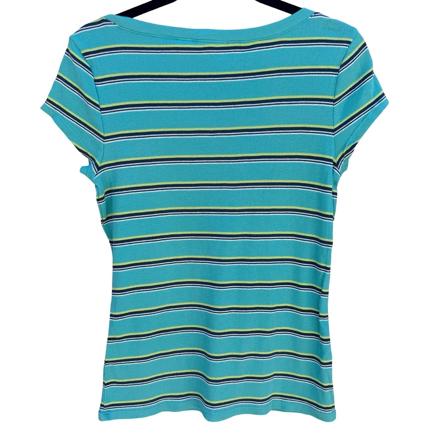 Aeropostale Y2K Womens XL Teal Striped Ribbed Henley Cap Sleeve Slim Fit Top NEW