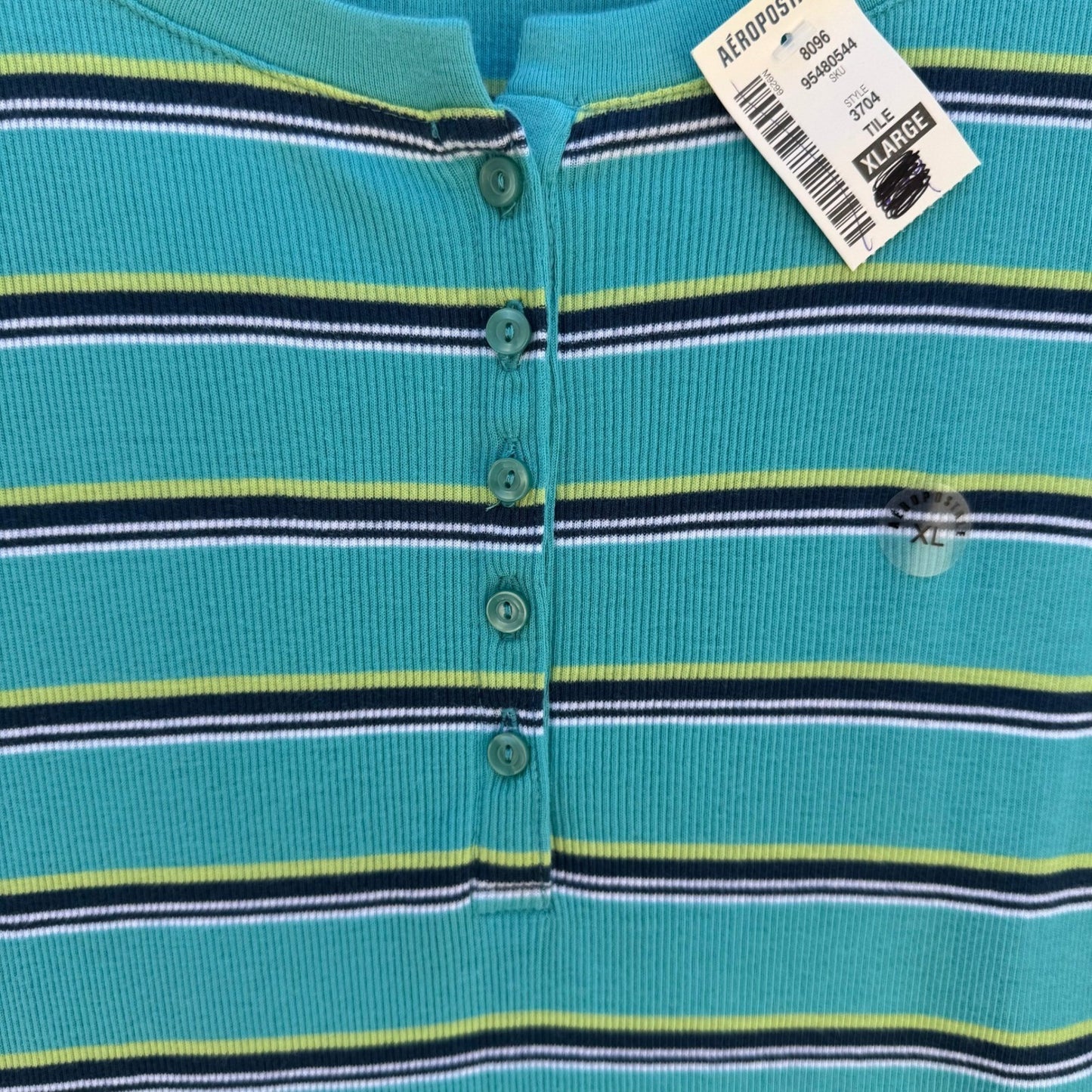 Aeropostale Y2K Womens XL Teal Striped Ribbed Henley Cap Sleeve Slim Fit Top NEW