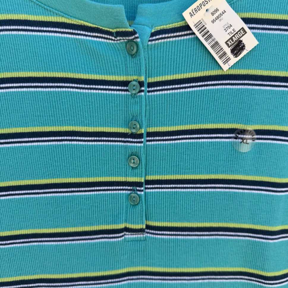 Aeropostale Y2K Womens XL Teal Striped Ribbed Henley Cap Sleeve Slim Fit Top NEW