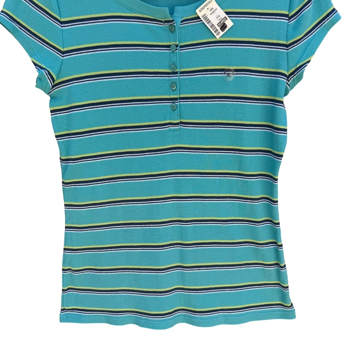 Aeropostale Y2K Womens XL Teal Striped Ribbed Henley Cap Sleeve Slim Fit Top NEW