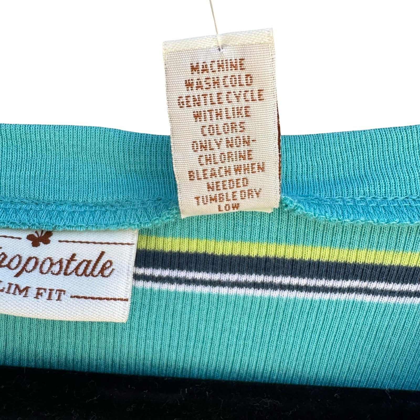 Aeropostale Y2K Womens XL Teal Striped Ribbed Henley Cap Sleeve Slim Fit Top NEW