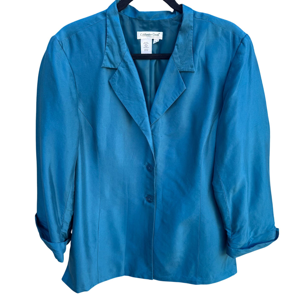 Coldwater Creek Silk Old Money Teal Blazer Womens Preppy Regency Button Jacket 16