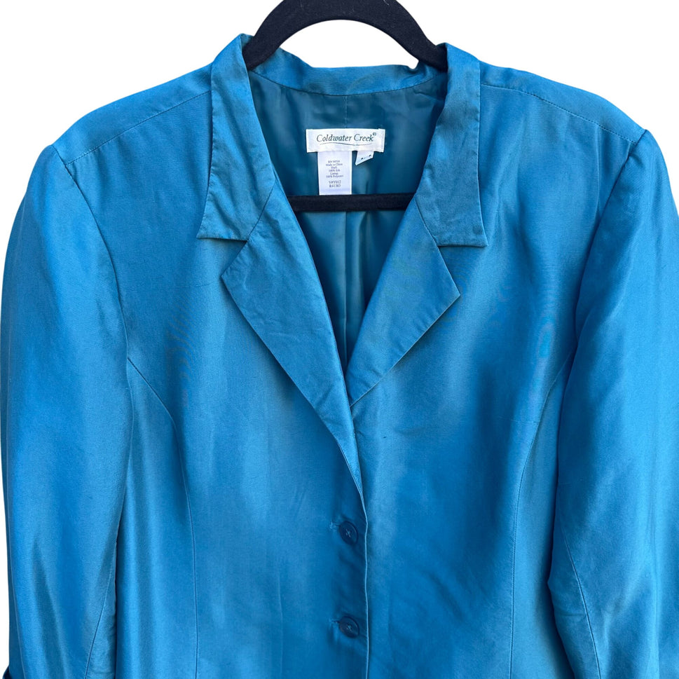 Coldwater Creek Silk Old Money Teal Blazer Womens Preppy Regency Button Jacket 16