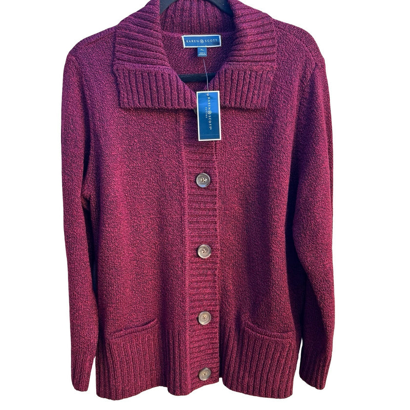 Karen Scott Marled Knit Layering Polo Collar Cardigan Merlot Red Women L NEW