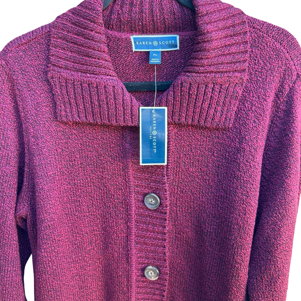 Karen Scott Marled Knit Layering Polo Collar Cardigan Merlot Red Women L NEW