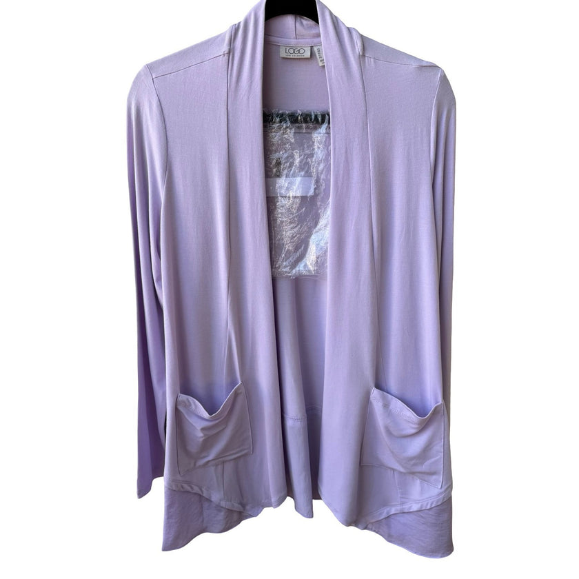 LOGO Lori Goldstein Layering Minimalist Open Satin Hem Cardigan Purple M NEW