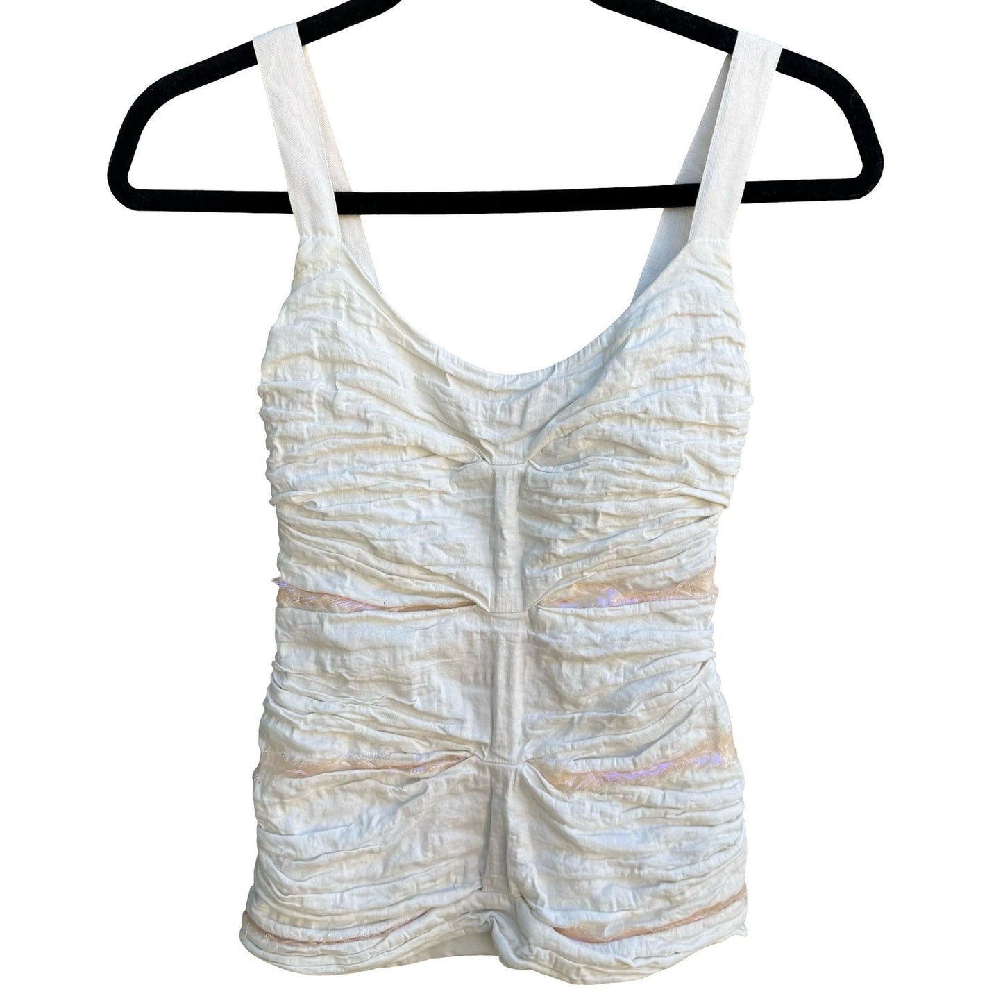 Nicole Miller Y2K Coquette Ethereal Ruched Iridescent Trim Tank Blouse White 0