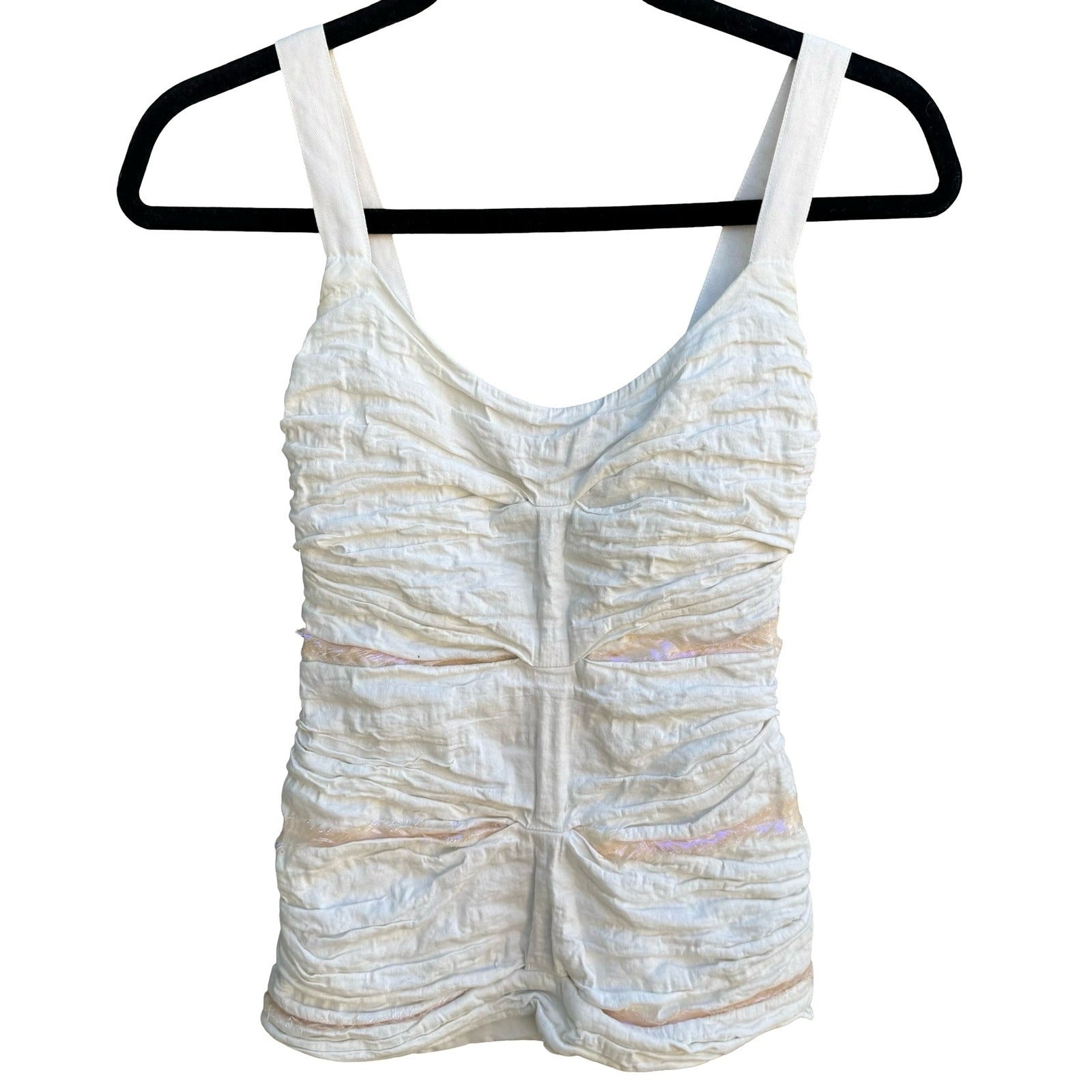 Nicole Miller Y2K Coquette Ethereal Ruched Iridescent Trim Tank Blouse White 0