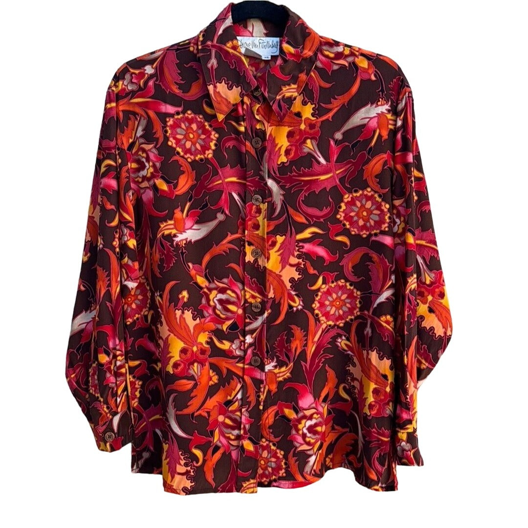 Diane Von Furstenberg Women's Vintage Silk Floral Button-Up Long Sleeve Blouse