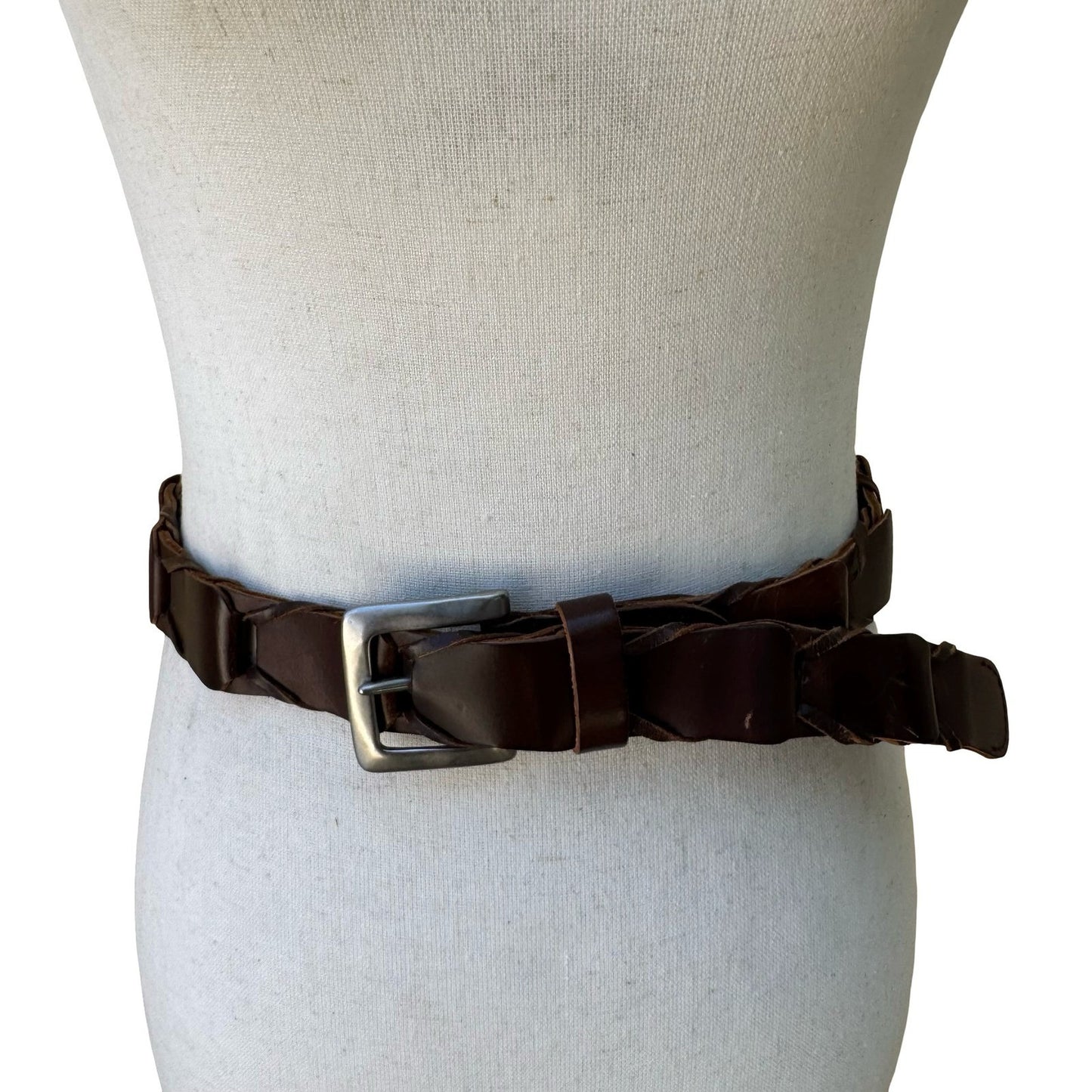 Gap Boho Western Rustic Brown Genuine Leather Braided Interlocking Link Belt XL