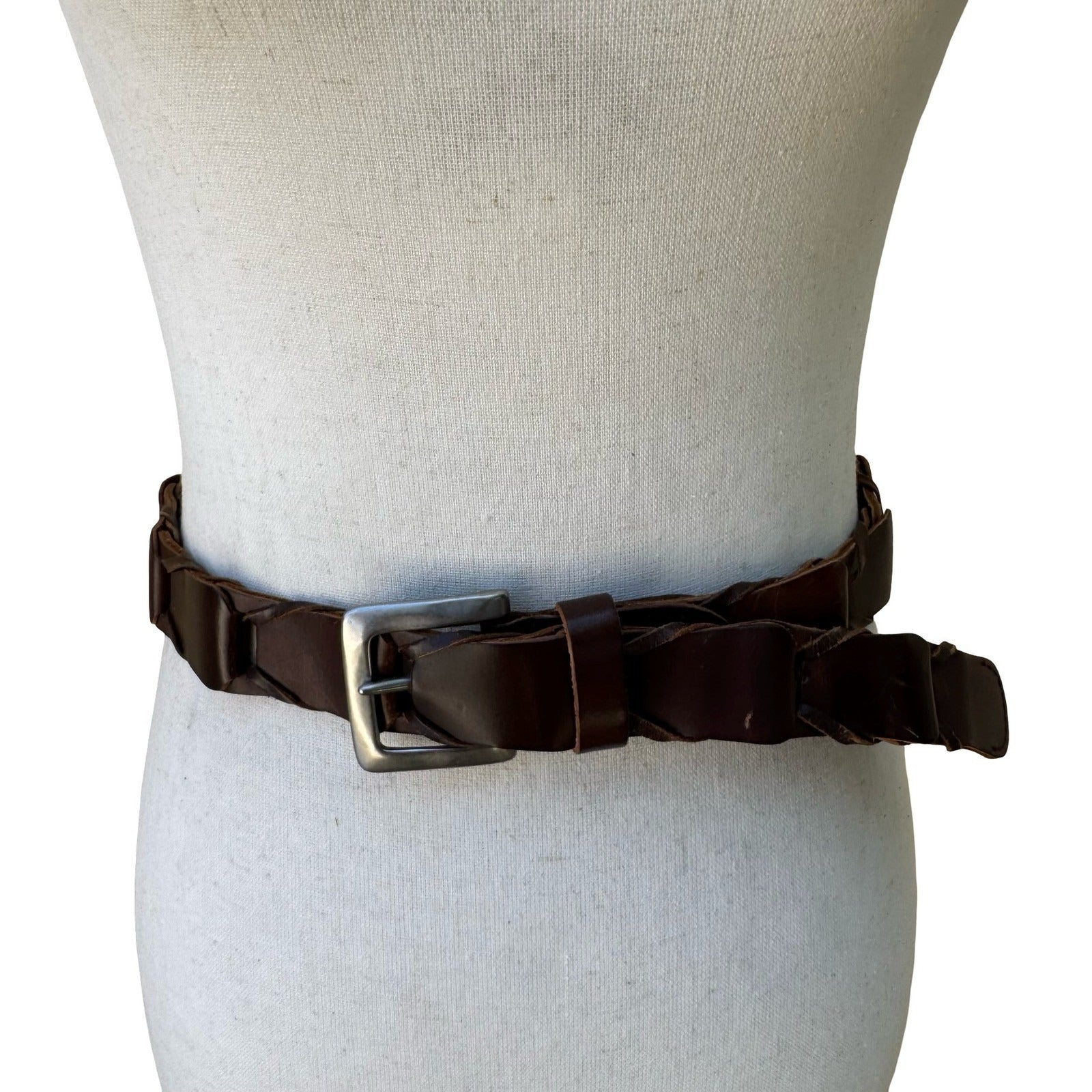 Gap Boho Western Rustic Brown Genuine Leather Braided Interlocking Link Belt XL