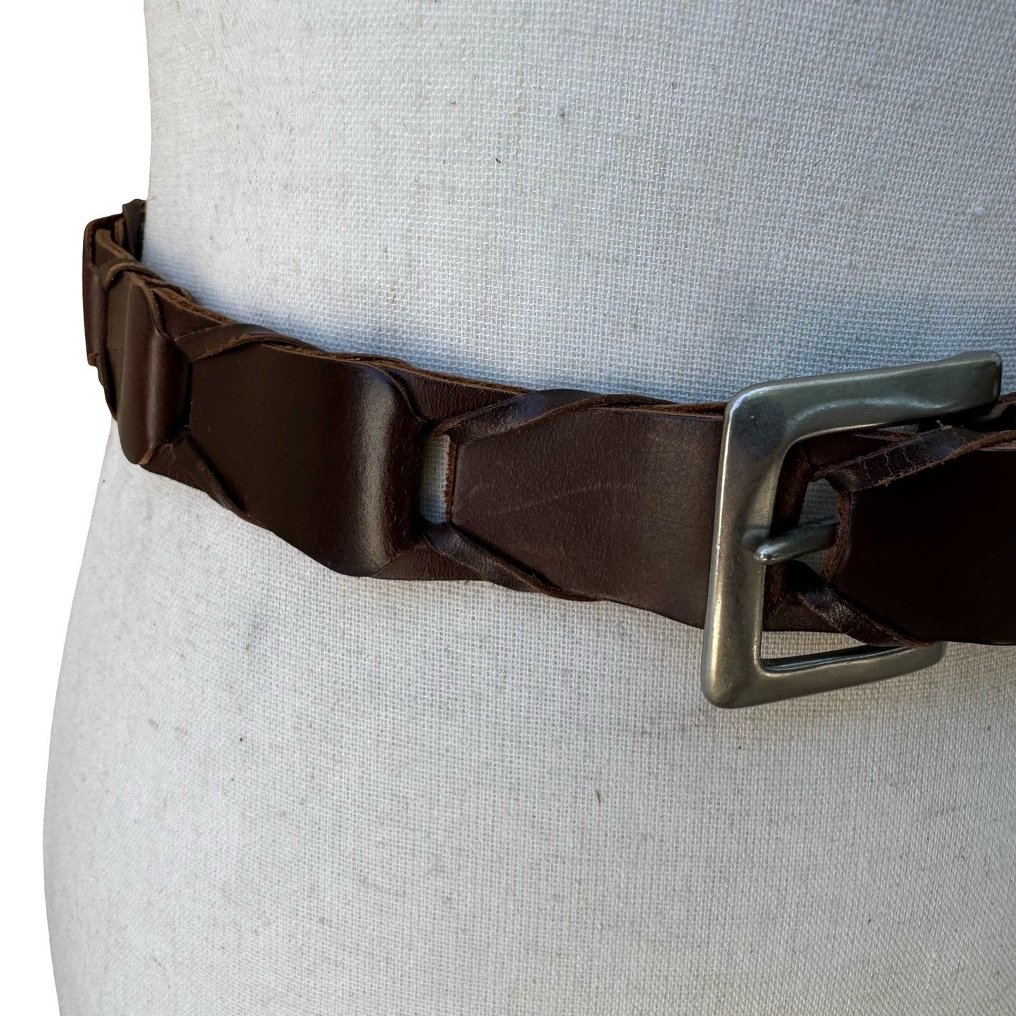 Gap Boho Western Rustic Brown Genuine Leather Braided Interlocking Link Belt XL