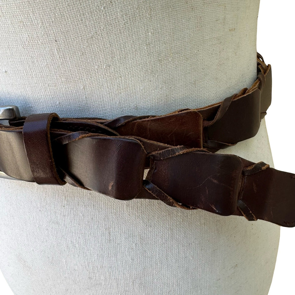 Gap Boho Western Rustic Brown Genuine Leather Braided Interlocking Link Belt XL