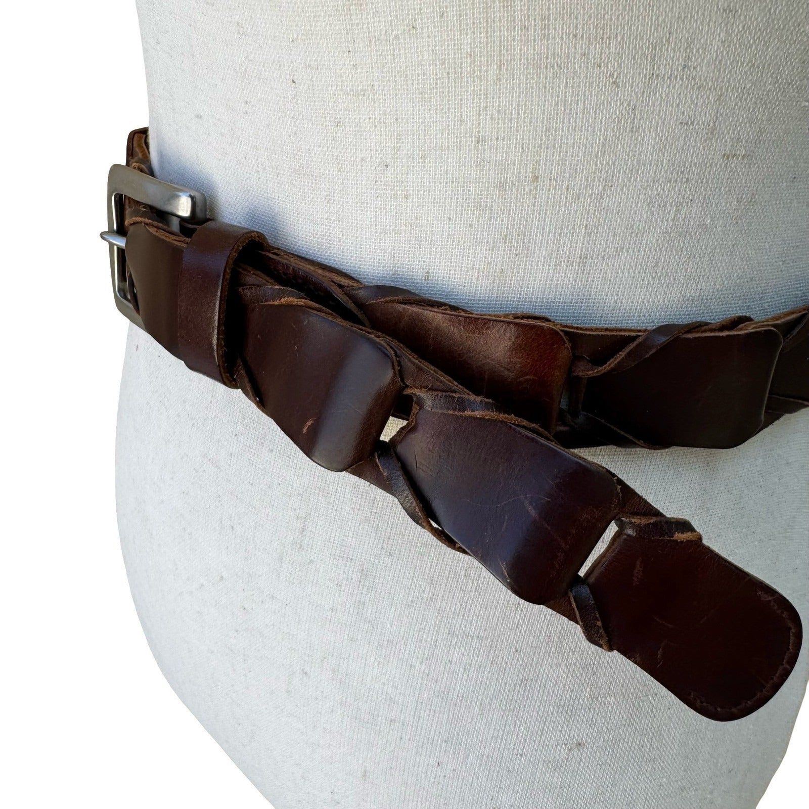 Gap Boho Western Rustic Brown Genuine Leather Braided Interlocking Link Belt XL