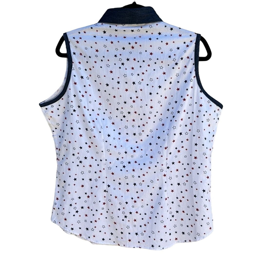 Adobe Rose Women's Sleeveless Star Print Button-Up Shirt With Denim Collar - NWT