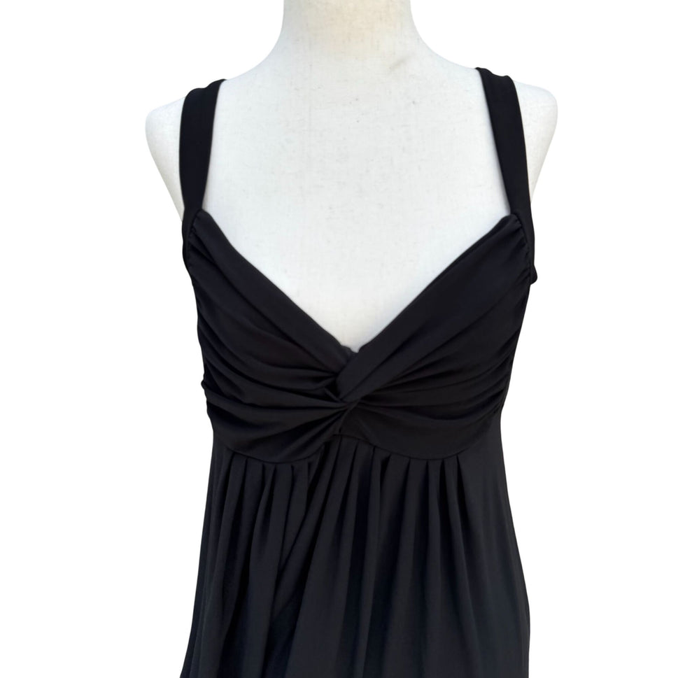 Womens Black Sleeveless V Neck Ruched Bust Goddess Flowy Fit Flare Midi Dress