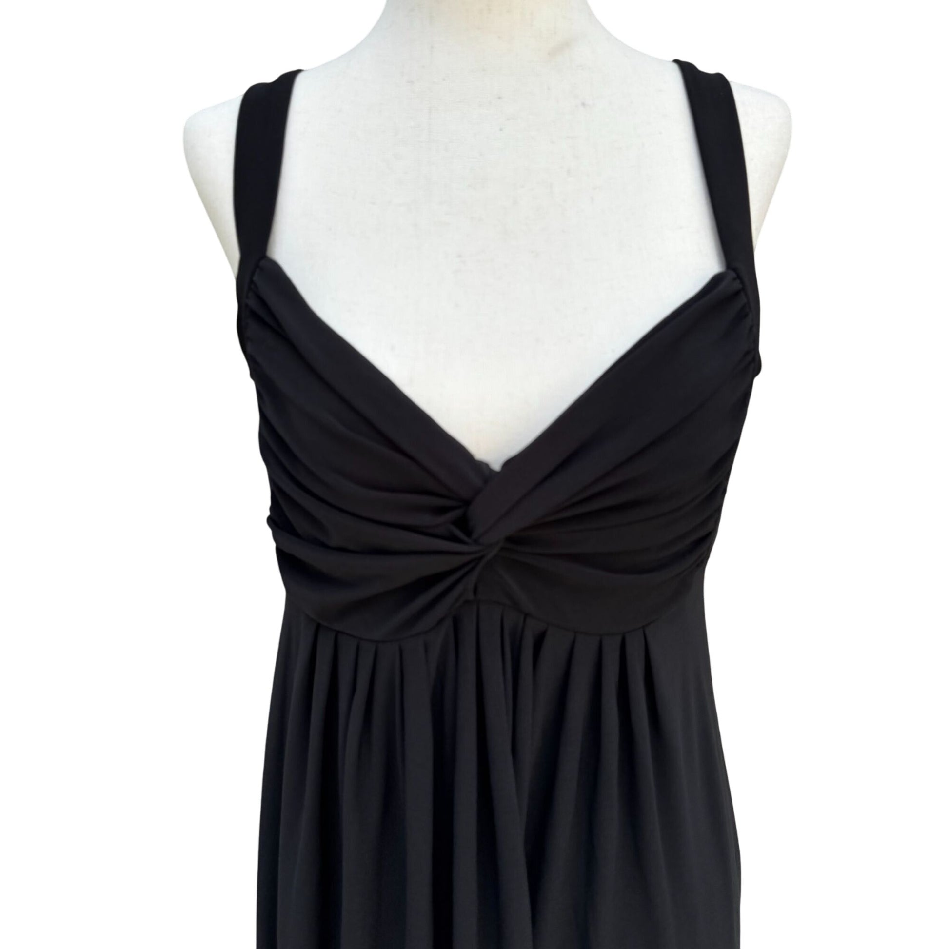 Womens Black Sleeveless V Neck Ruched Bust Goddess Flowy Fit Flare Midi Dress