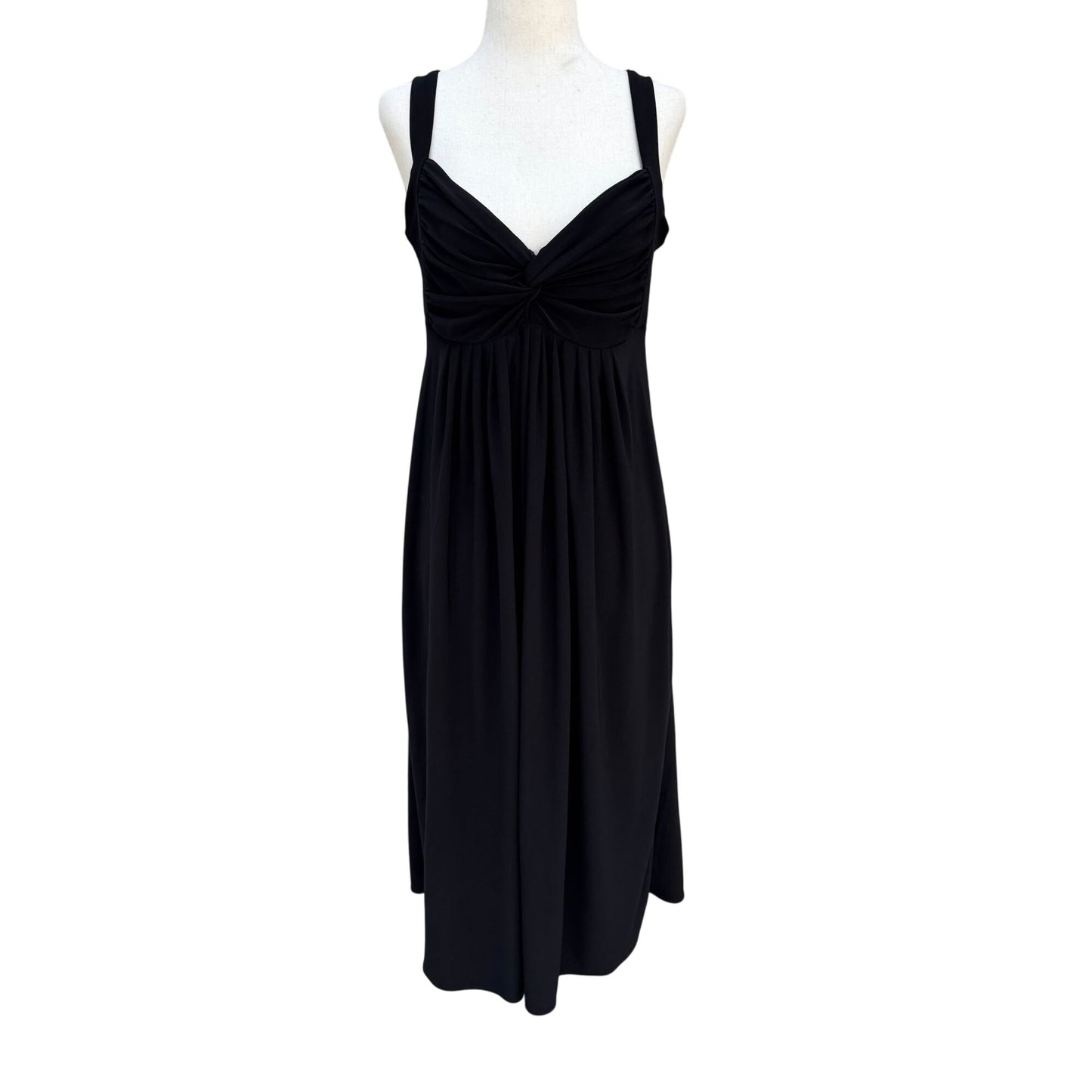 Womens Black Sleeveless V Neck Ruched Bust Goddess Flowy Fit Flare Midi Dress