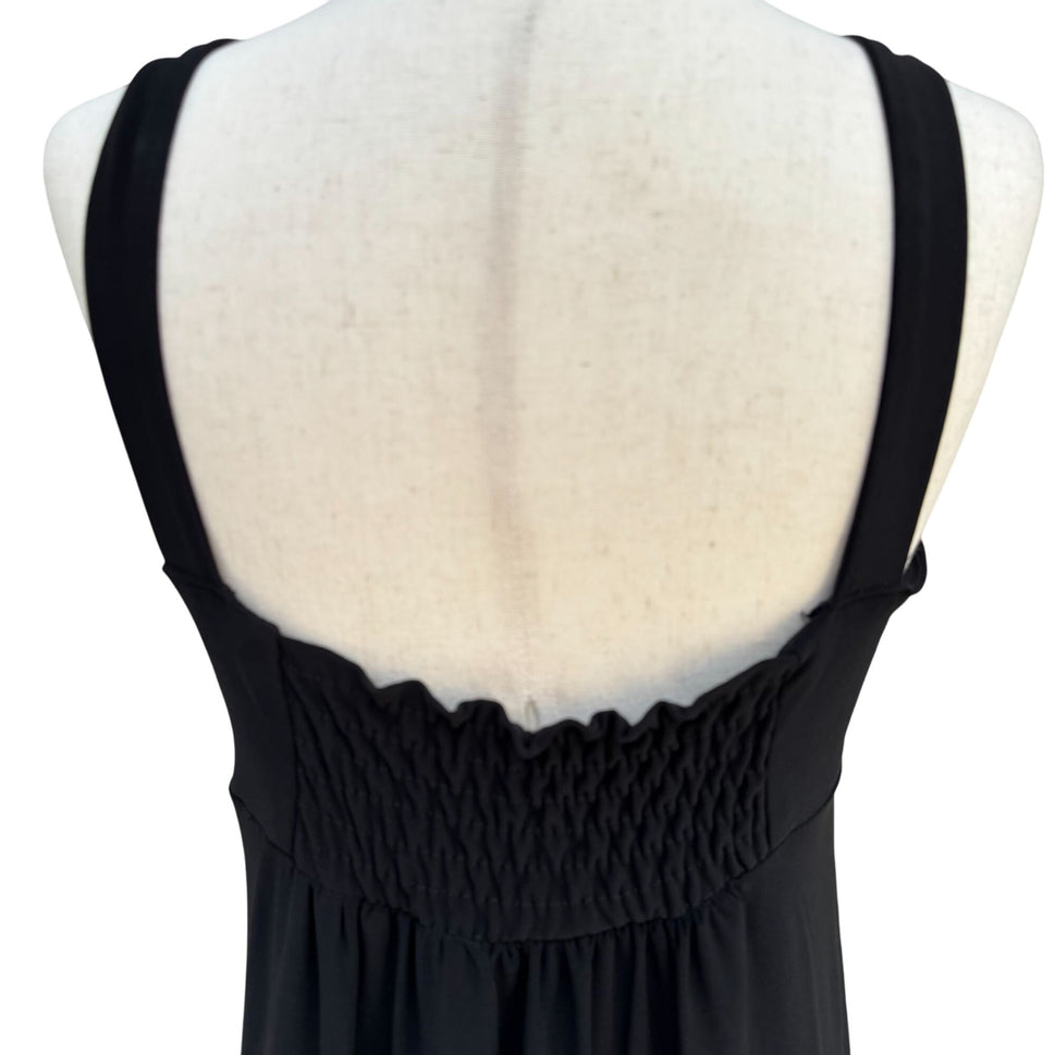 Womens Black Sleeveless V Neck Ruched Bust Goddess Flowy Fit Flare Midi Dress