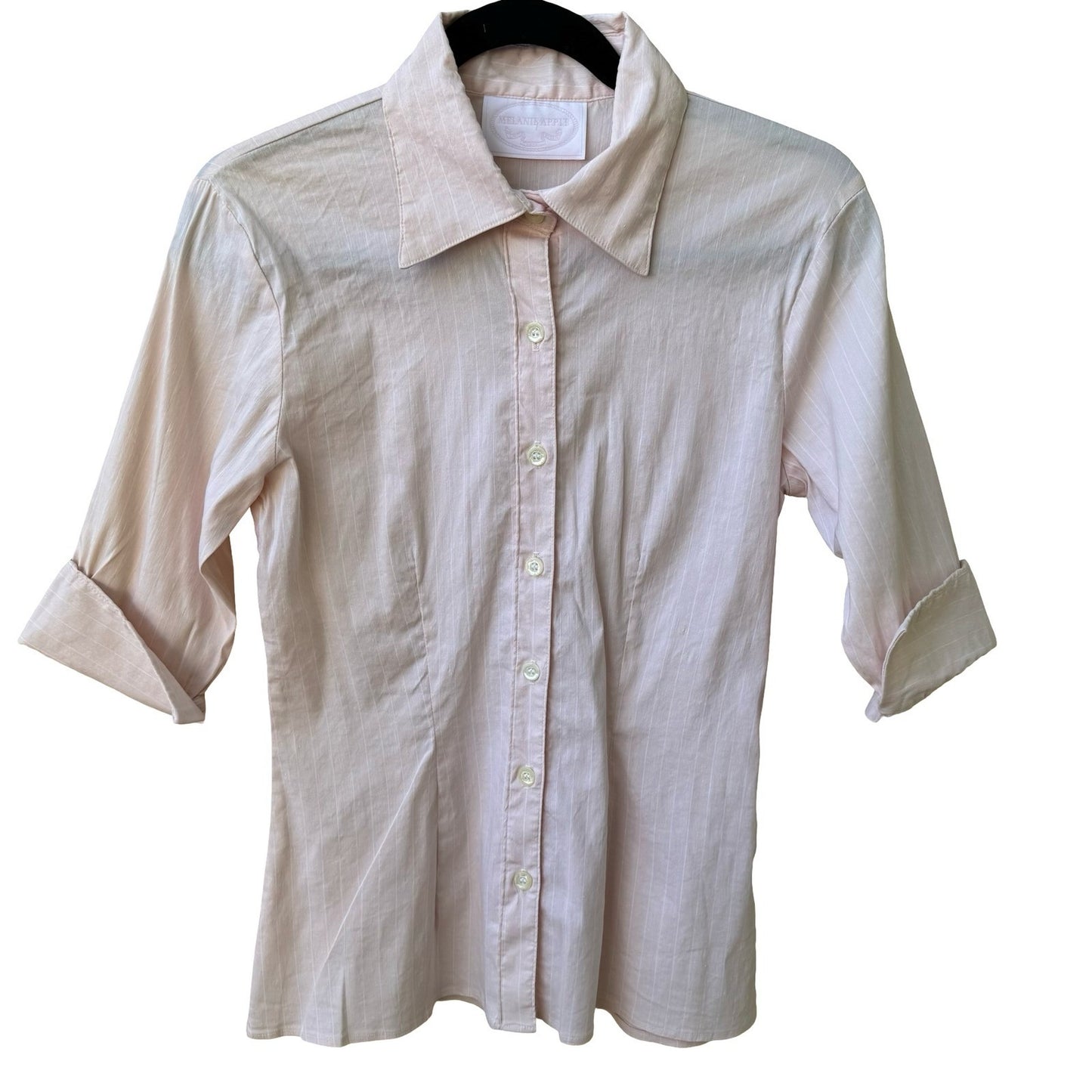 Melanie Apple Coqutte Pink Pinstripe Minimalist Preppy Top 3/4 Sleeve Tailored