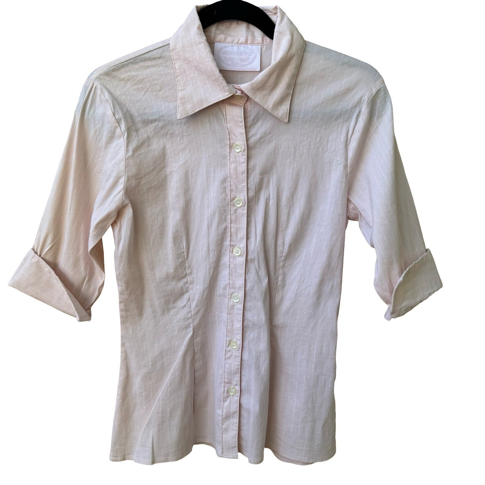 Melanie Apple Coqutte Pink Pinstripe Minimalist Preppy Top 3/4 Sleeve Tailored