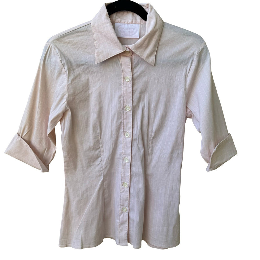 Melanie Apple Coqutte Pink Pinstripe Minimalist Preppy Top 3/4 Sleeve Tailored