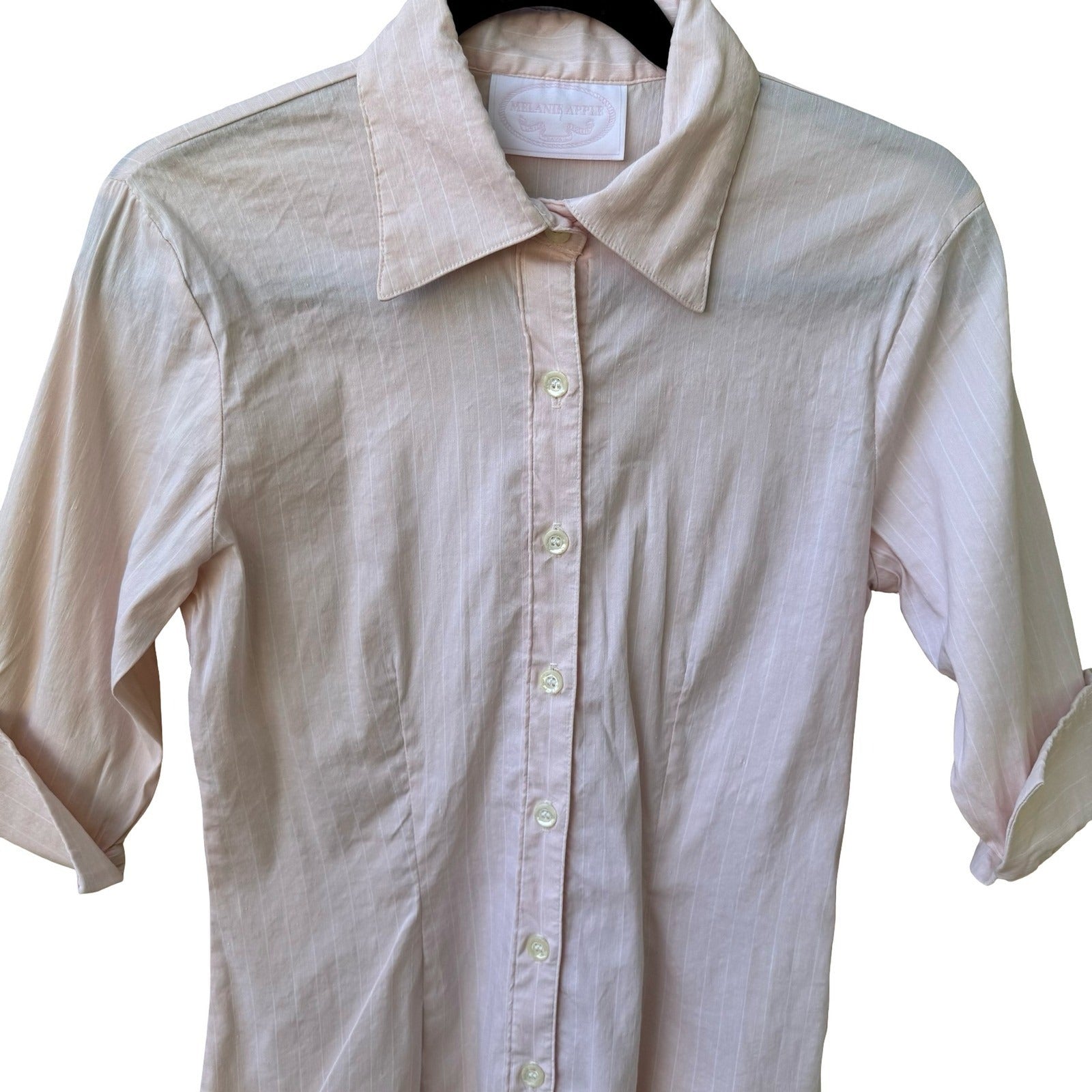 Melanie Apple Coqutte Pink Pinstripe Minimalist Preppy Top 3/4 Sleeve Tailored