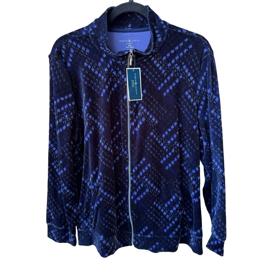 Karen Scott Layering Plush Velour Houndstooth Zip Up Sport Jacket Navy PXL NEW