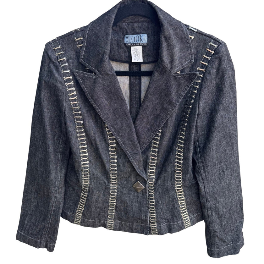 Randolph Duke The Look Jeans Dark Wash Denim Blazer Metal Hardware Jacket Size 8